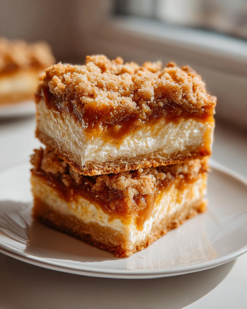 Two stacked squares of apple cheesecake bars featuring a creamy layer, caramel swirl, and thick crumb topping.