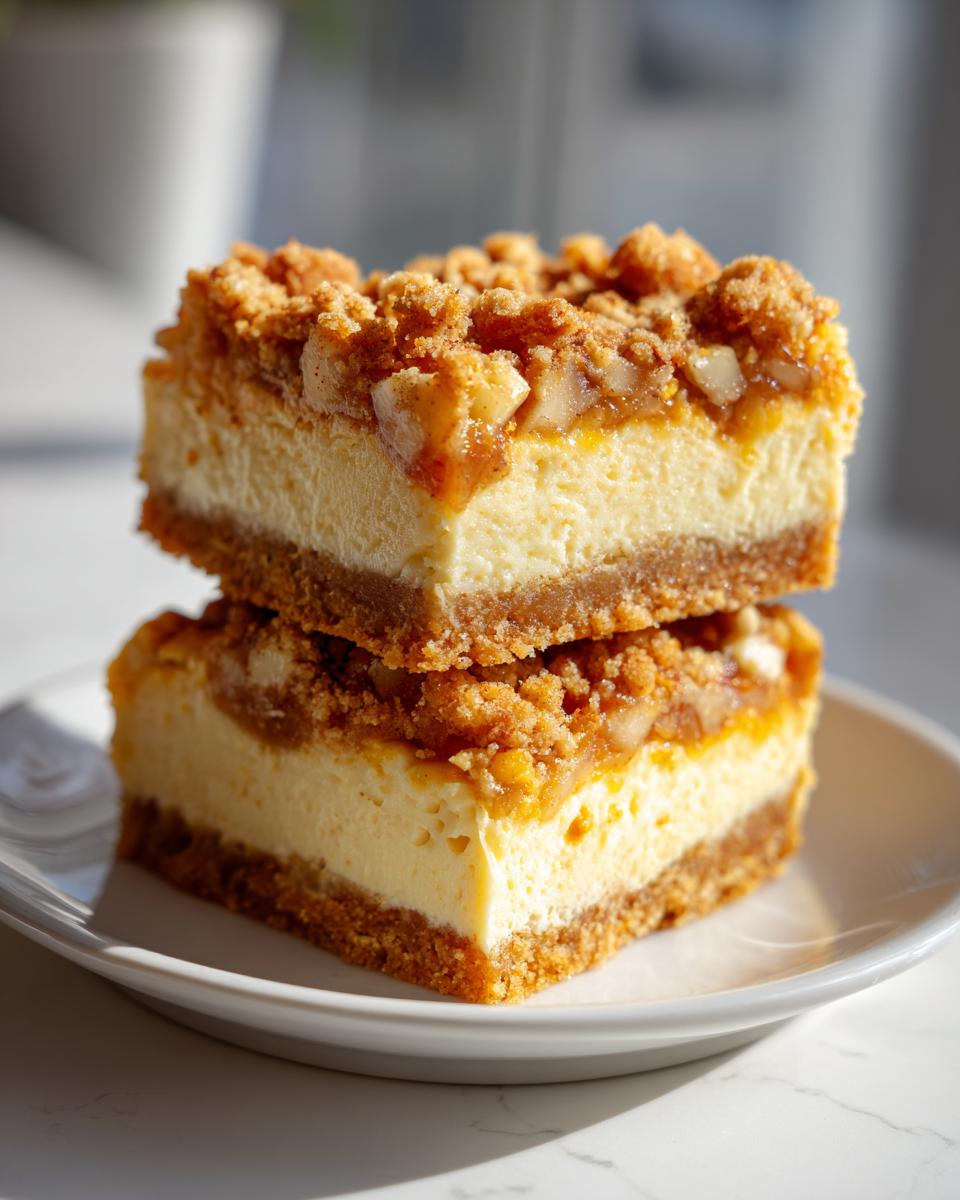 Two stacked slices of gluten free apple cheesecake bars featuring a thick crust, creamy filling, and apple crumble topping.