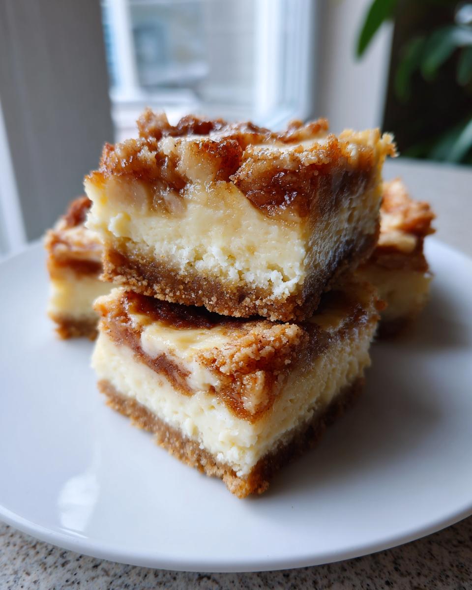 Two stacked squares of rich gluten free apple cheesecake bars showing the crumbly crust and creamy filling.