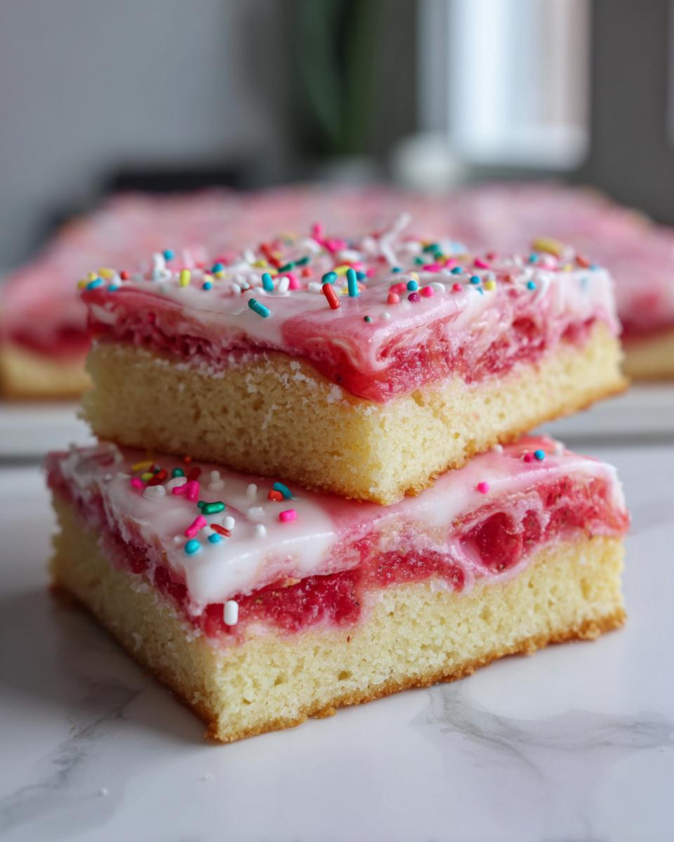 Two stacked squares of strawberry poptart sheet cake featuring a vanilla base, strawberry filling, and white icing with rainbow sprinkles.