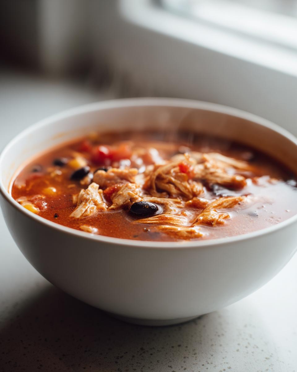 Close-up of a steaming white bowl filled with rich, red chicken taco soup containing shredded chicken and black beans.