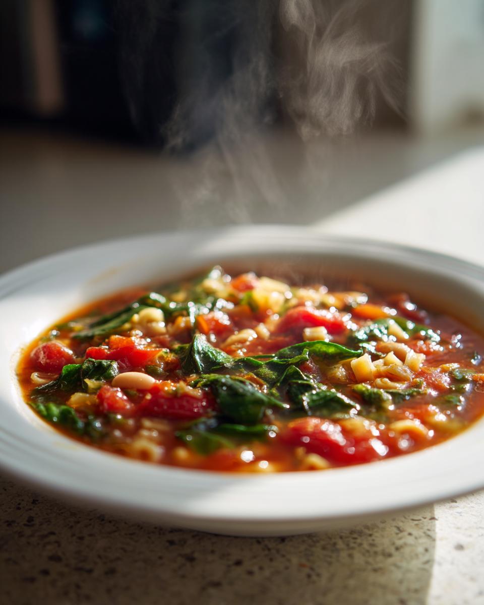 A close-up of a steaming white bowl filled with vibrant crockpot minestrone soup, featuring tomatoes and spinach.