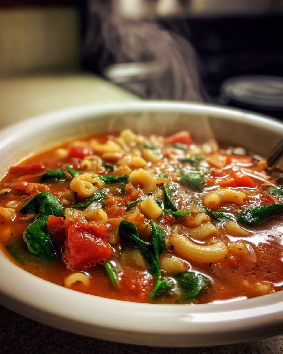 Close-up of a steaming white bowl filled with rich, tomato-based crockpot minestrone soup featuring elbow macaroni and wilted spinach.