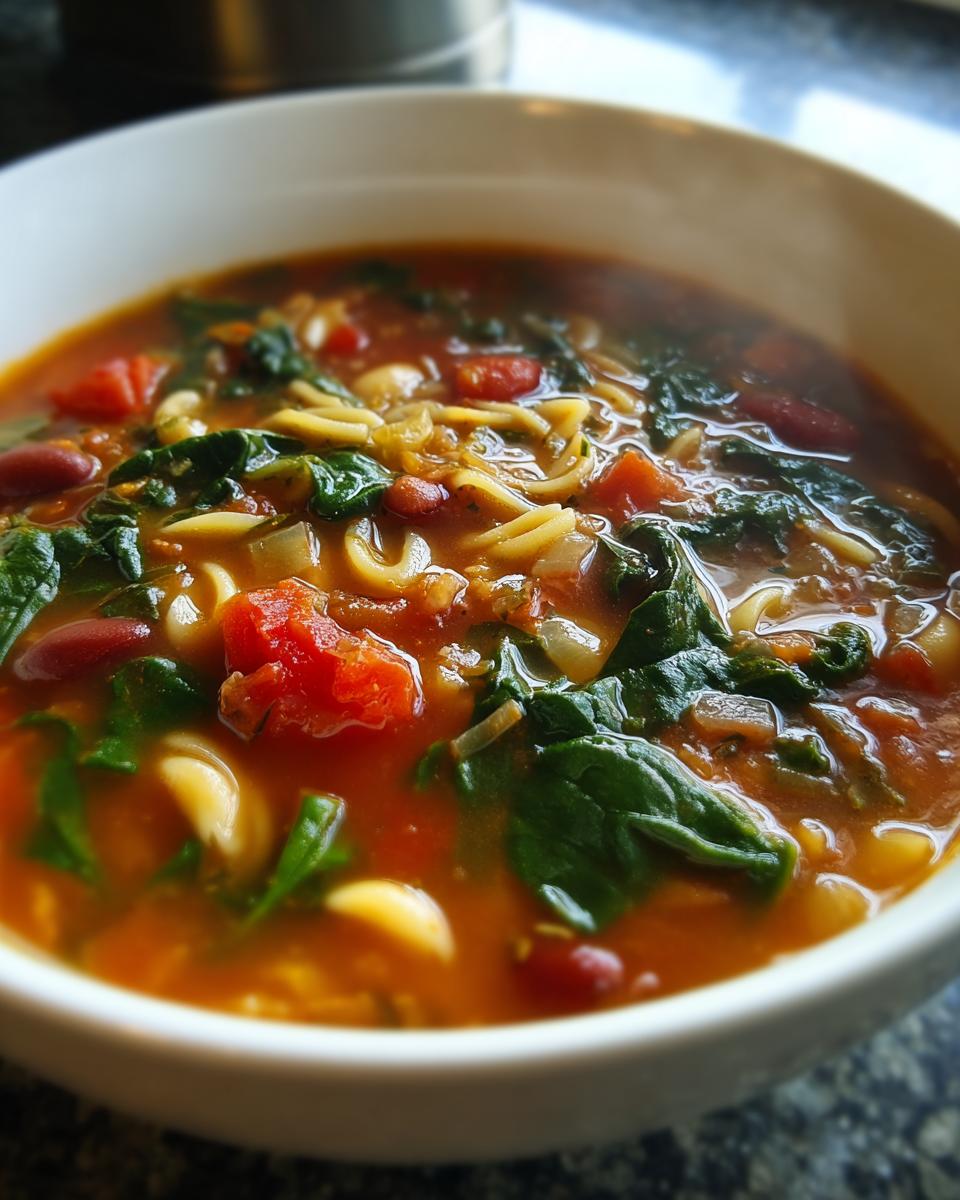 Close-up of a steaming white bowl filled with rich, tomato-based crockpot minestrone soup featuring spinach, beans, and small pasta.