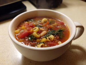 Close-up of a steaming white mug filled with rich crockpot minestrone soup, featuring tomatoes, pasta, and beans.