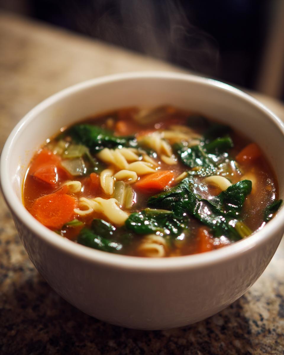 Close-up of a steaming white bowl filled with rich olive garden minestrone soup featuring pasta, carrots, and spinach.