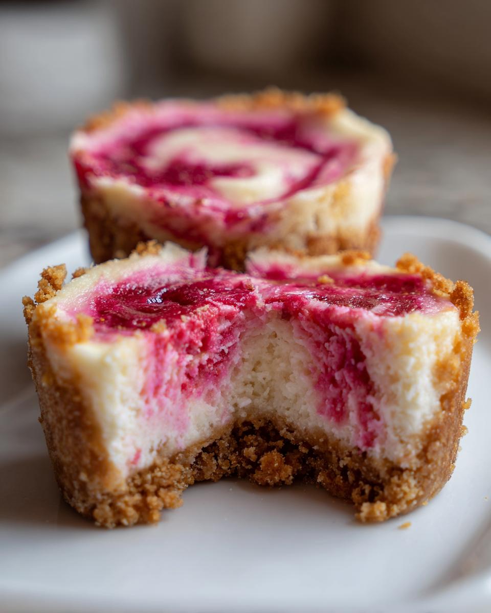 Close-up of a strawberry cheesecake cupcake with a bite taken out, showing the creamy filling and graham cracker crust.