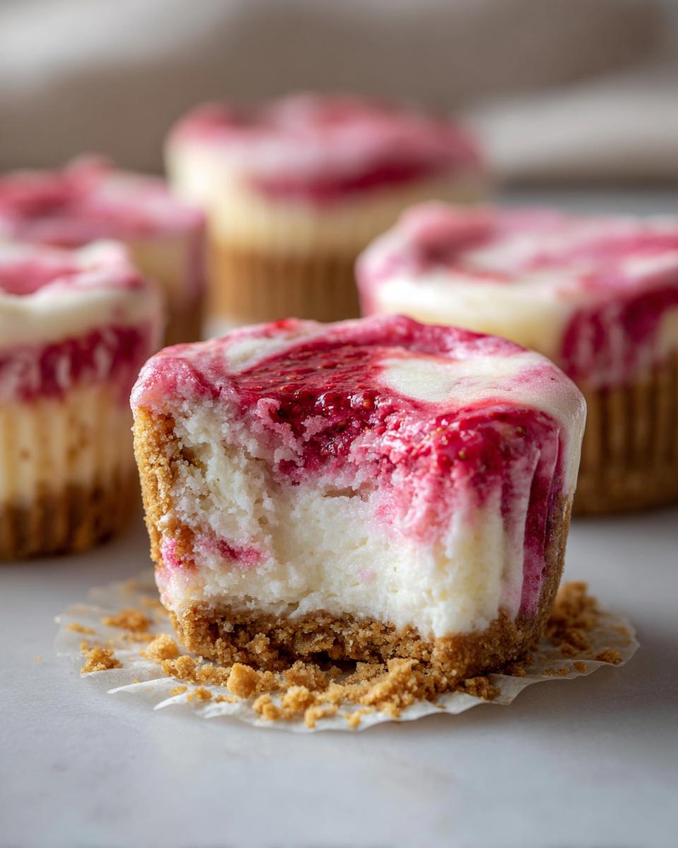 Close-up of a strawberry cheesecake cupcake with a bite taken out, showing the creamy filling and graham cracker crust.