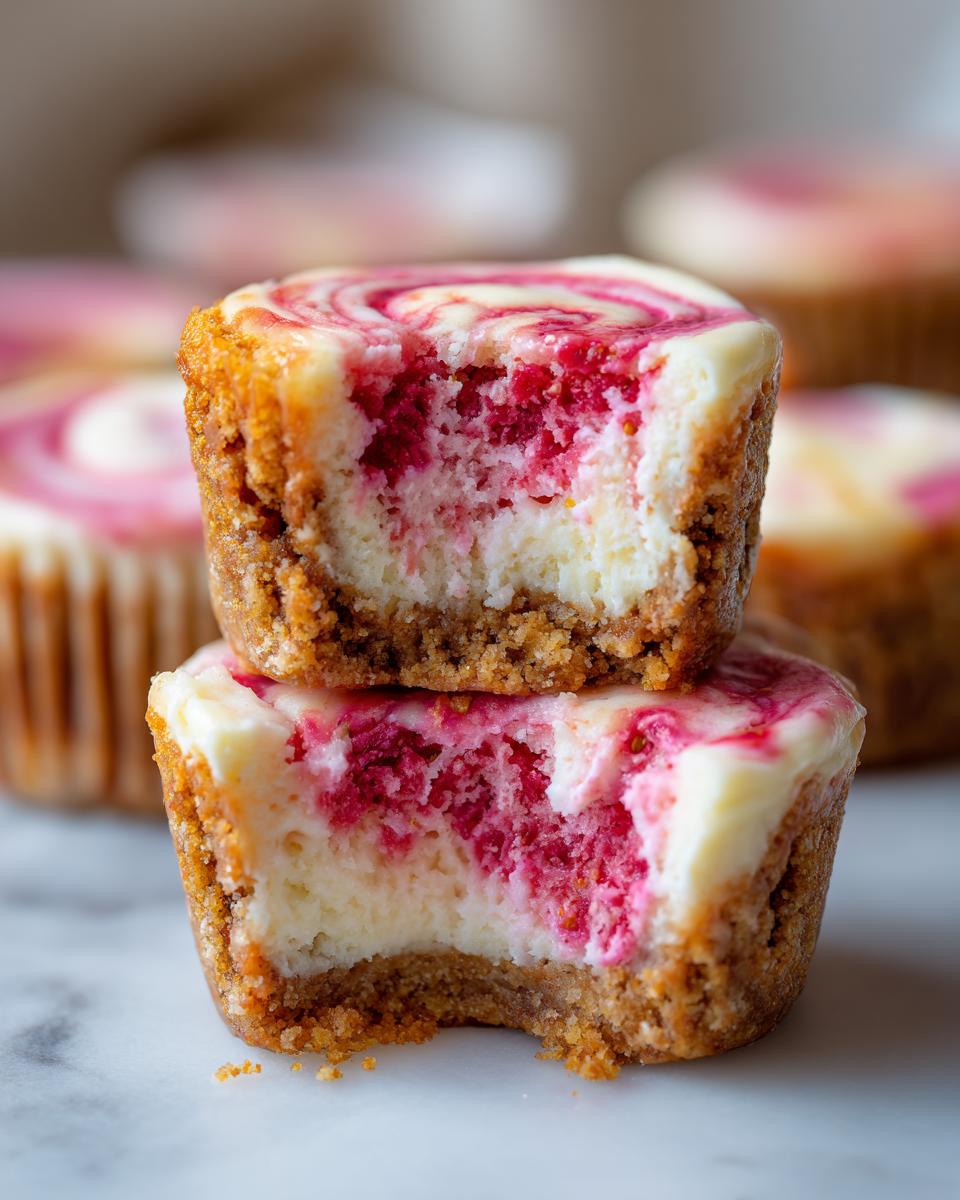 Two stacked strawberry cheesecake cupcakes, one bitten into, showing the creamy filling and graham cracker crust.