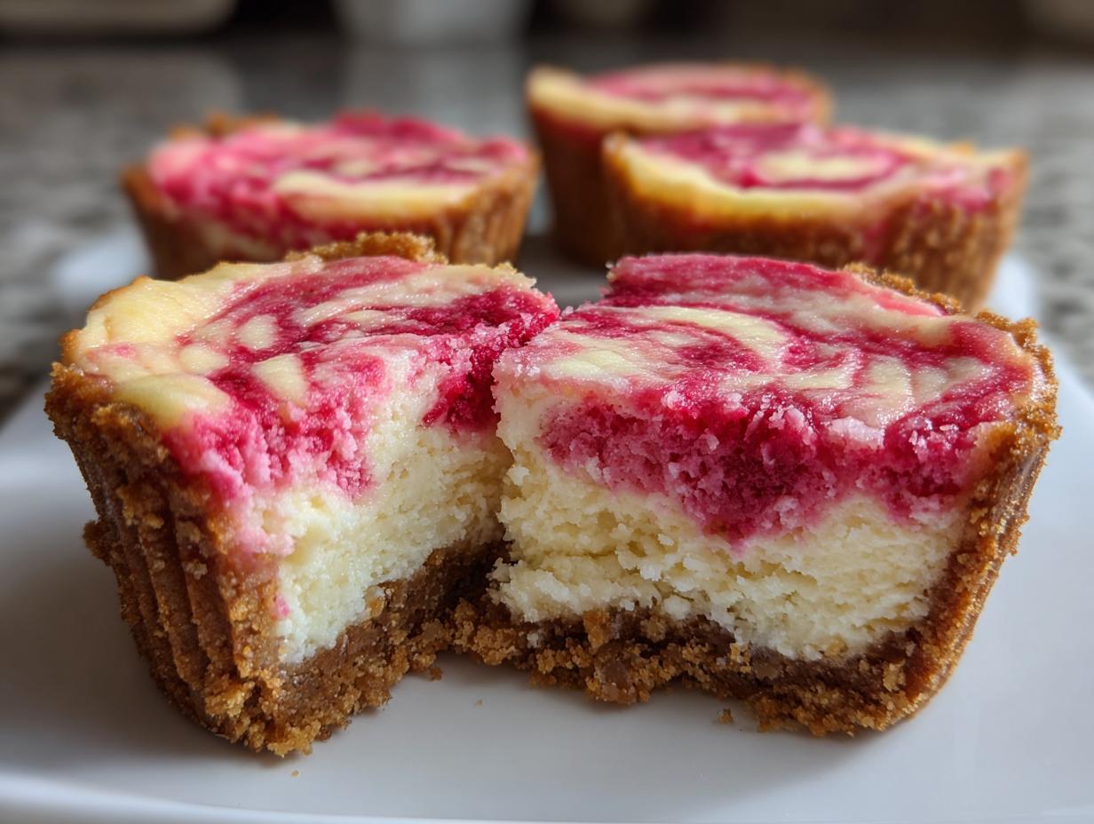 Close-up of a strawberry cheesecake cupcakes cut in half showing graham cracker crust, creamy filling, and pink strawberry swirl topping.
