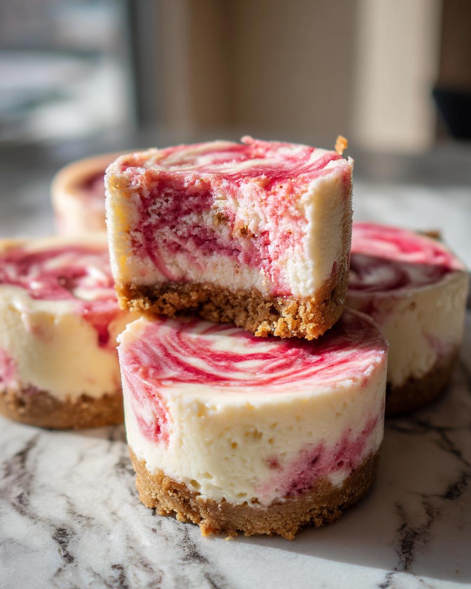 A close-up stack of two strawberry cheesecake cupcakes showing the graham cracker crust and creamy, swirled filling.