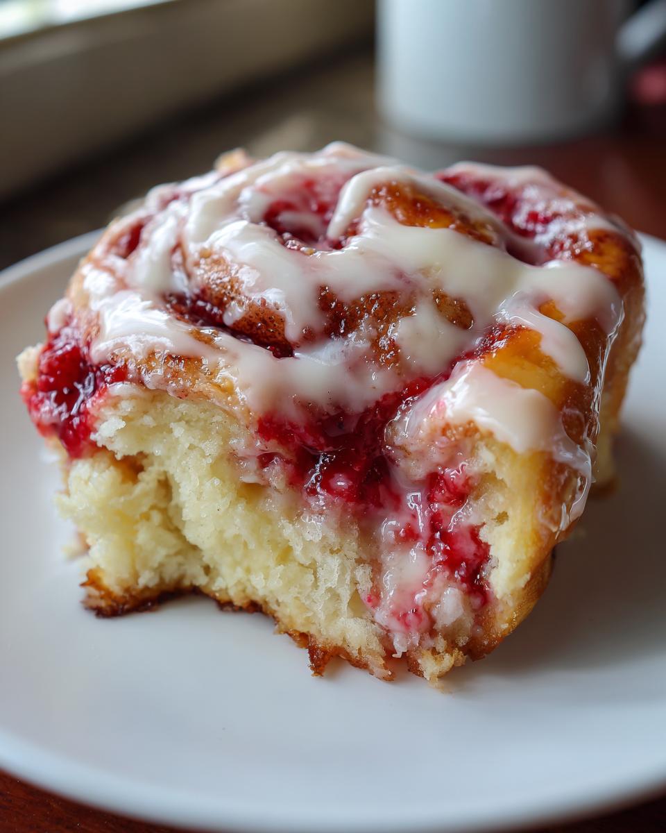 A close-up of a soft, fluffy strawberry cinnamon rolls slice showing the bright red fruit filling and white vanilla glaze.