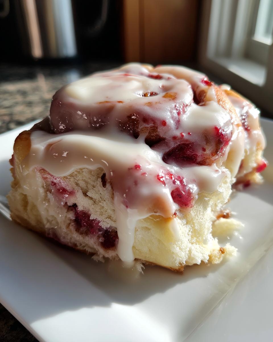 A close-up of one fluffy strawberry cinnamon rolls slice covered in thick white icing.
