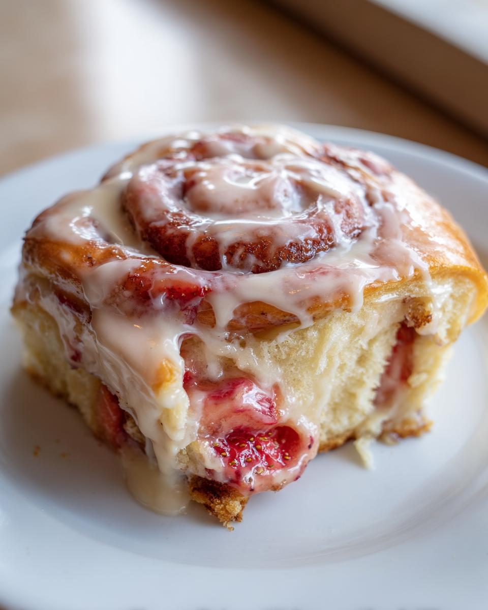 A close-up of a single, soft strawberry cinnamon rolls piece covered in thick white icing.