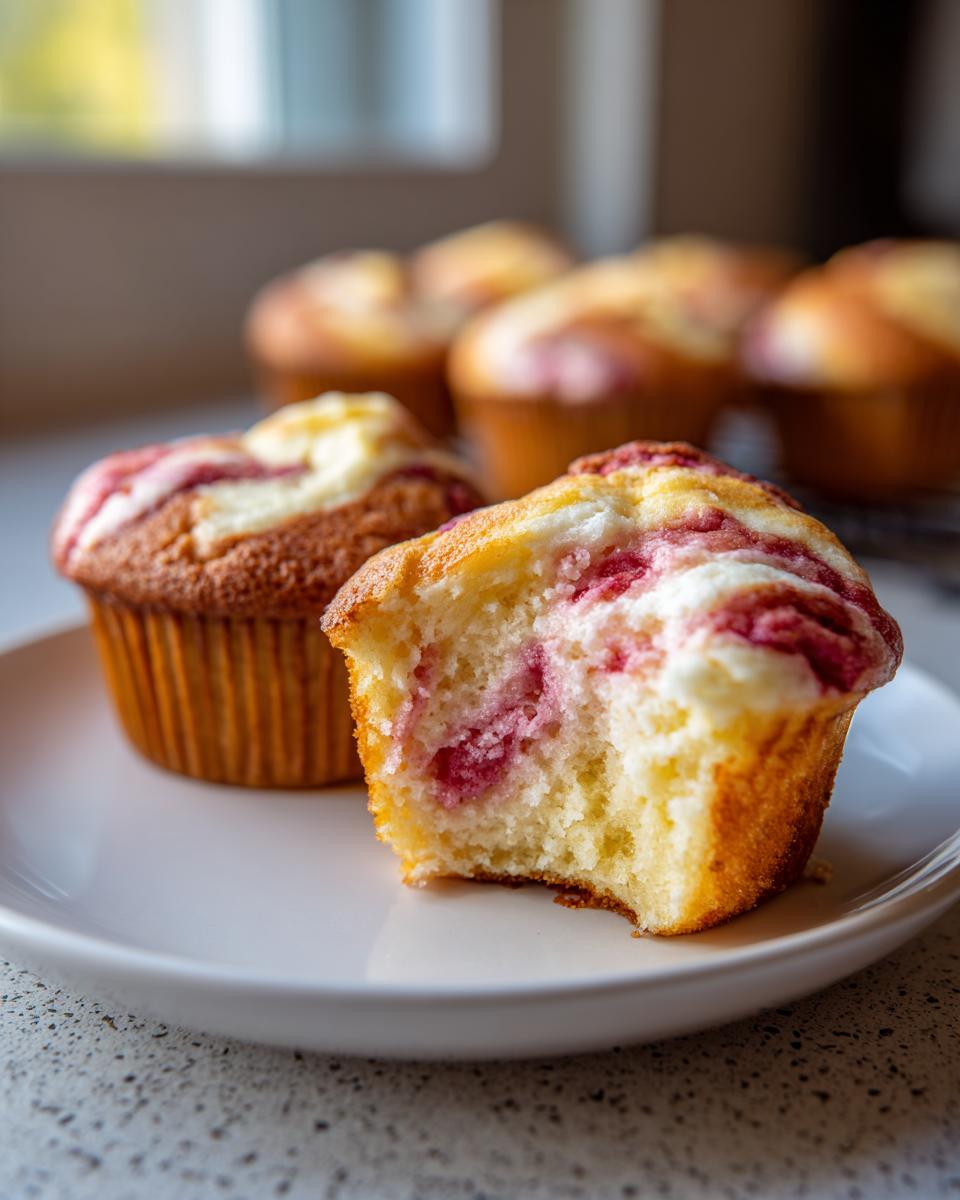 Close-up of a strawberry cream cheese muffin with a bite taken out, showing the moist interior and strawberry swirl.