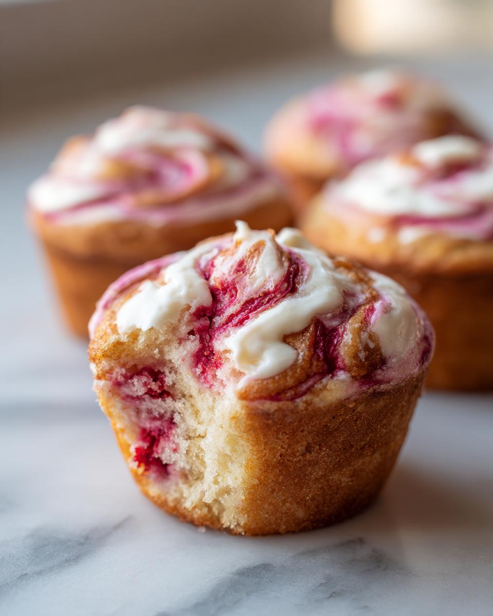 Close-up of a strawberry cream cheese muffin with a bite taken out, showing the berry swirl inside.