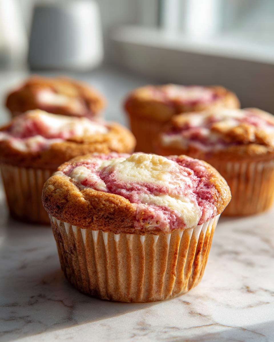 A close-up of a freshly baked strawberry cream cheese muffin with a swirled topping, sitting on a marble surface.