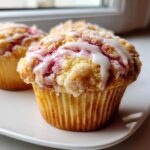 A close-up of a delicious strawberry cream cheese muffin topped with streusel and a white vanilla glaze.