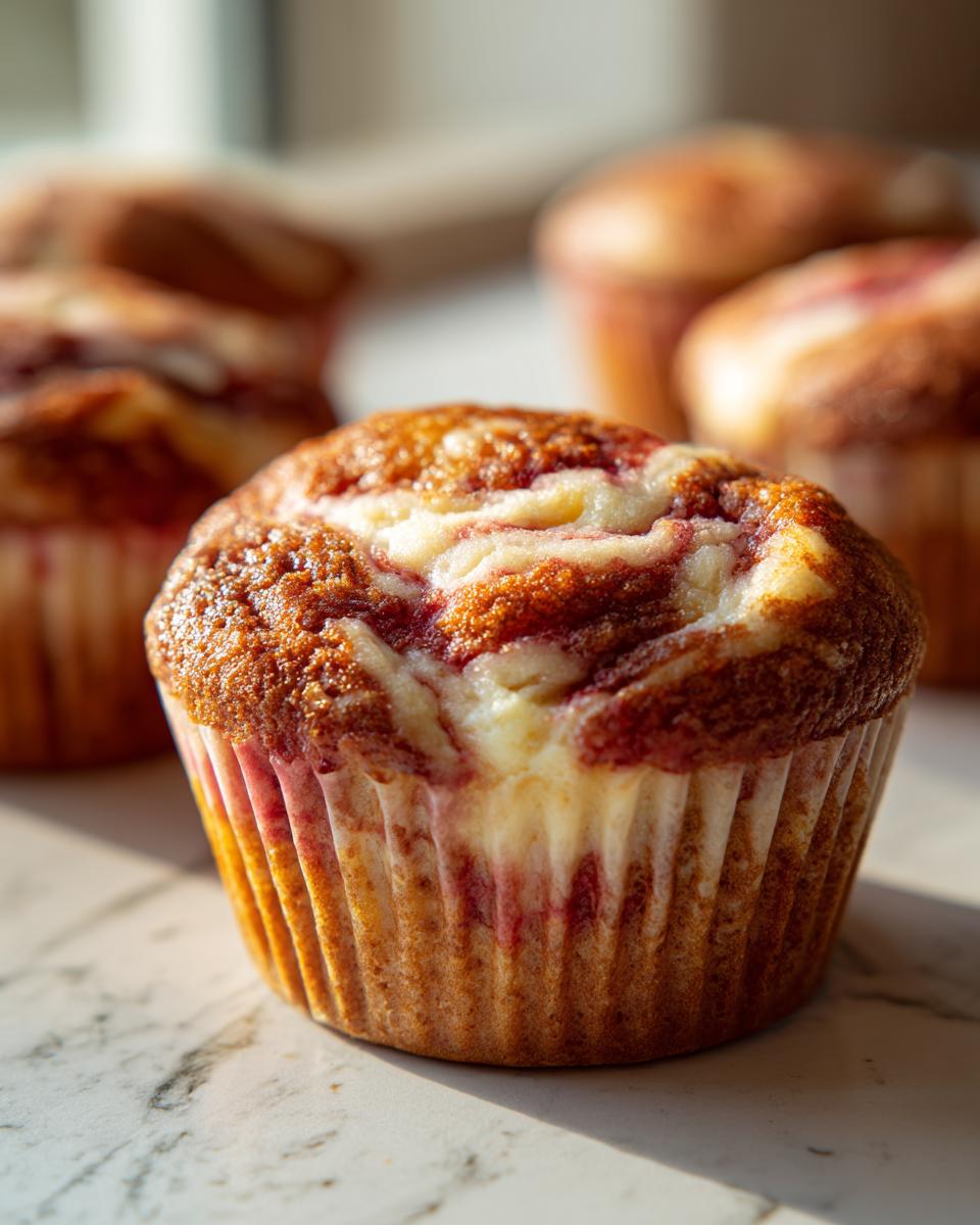 A close-up of a freshly baked strawberry cream cheese muffin with a golden-brown top and visible cream cheese swirl.