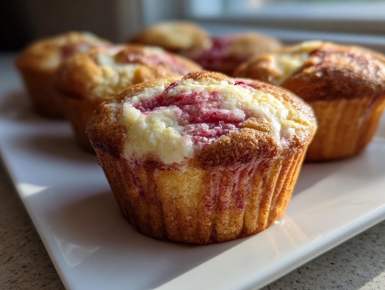 Close-up of a freshly baked strawberry cream cheese muffin with a swirled cream cheese top, sitting on a white platter.