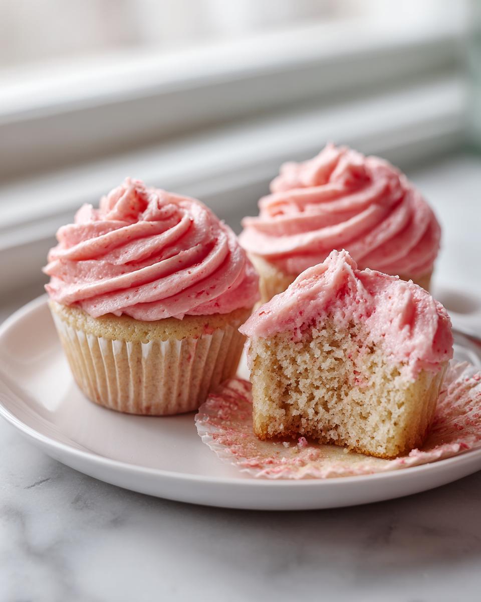 Three strawberry lemonade cupcakes on a white plate, one with a bite taken out showing the moist crumb.