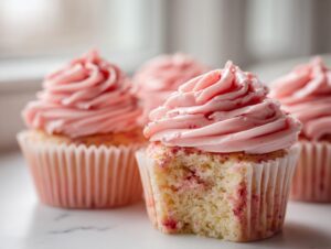 Close-up of a strawberry lemonade cupcake with a bite taken out, showing the cake texture and pink strawberry swirls, topped with pink frosting.