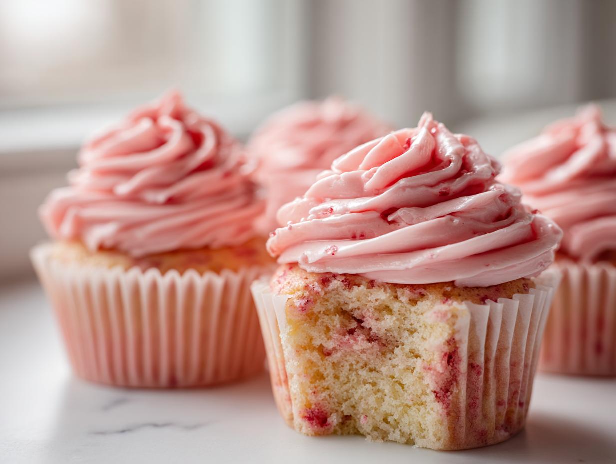 Close-up of a strawberry lemonade cupcake with a bite taken out, showing the cake texture and pink strawberry swirls, topped with pink frosting.