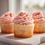 Three freshly baked strawberry lemonade cupcakes with swirled pink strawberry frosting sitting on a white serving board.