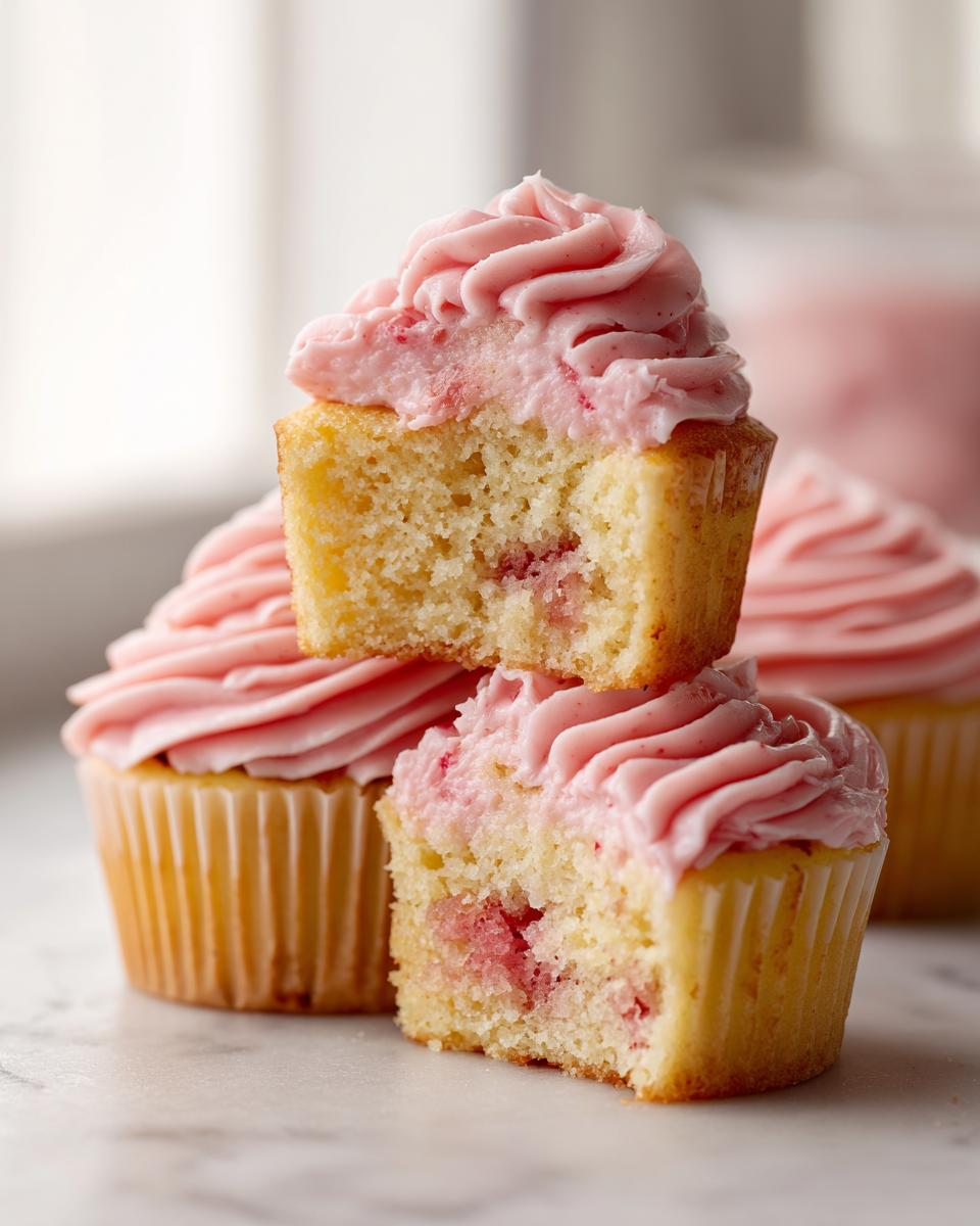 A close-up of strawberry lemonade cupcakes, one cut in half showing the moist crumb and pink filling, topped with swirled pink frosting.