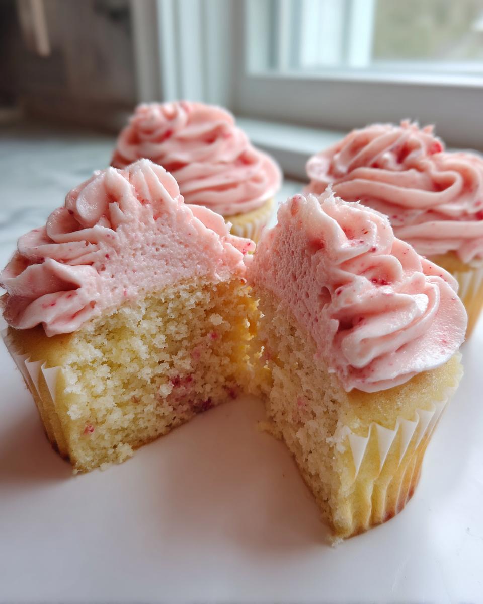 Close-up of a strawberry lemonade cupcake cut in half showing moist cake and pink frosting.