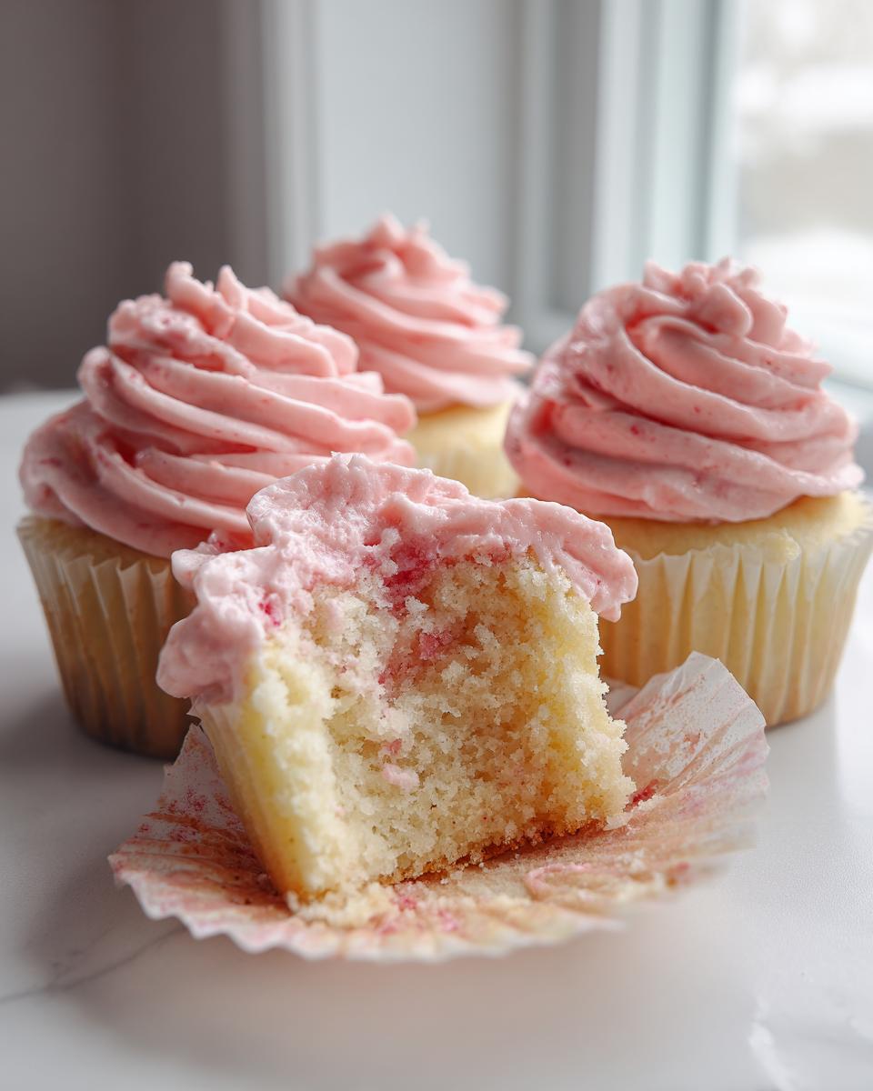 Close-up of a strawberry lemonade cupcake cut in half showing the moist interior and pink strawberry frosting.