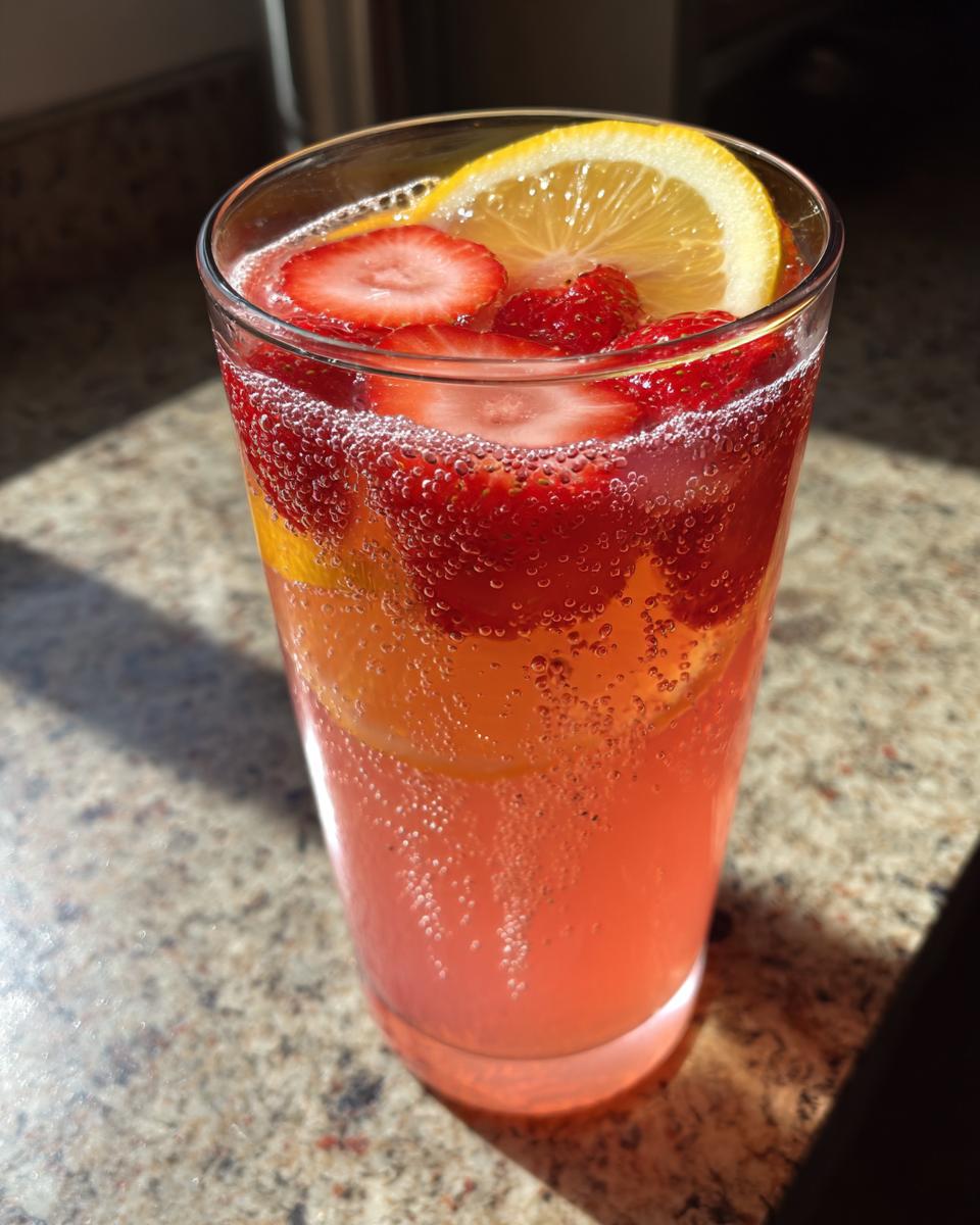 A tall glass filled with bubbly pink strawberry lemonade punch, garnished with fresh strawberry slices and a lemon wheel.