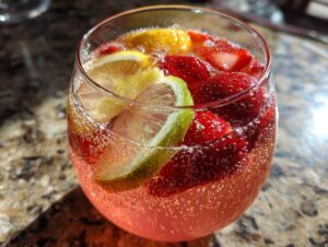 Close-up of a glass filled with fizzy strawberry lemonade punch, fresh strawberries, and citrus slices.