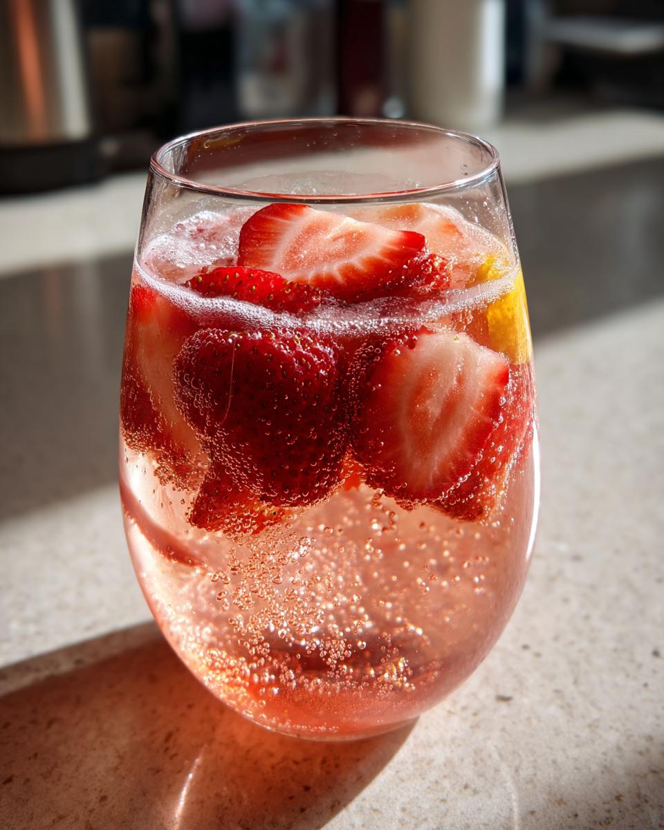 Close-up of a glass filled with bubbly strawberry lemonade punch garnished with fresh strawberry slices.