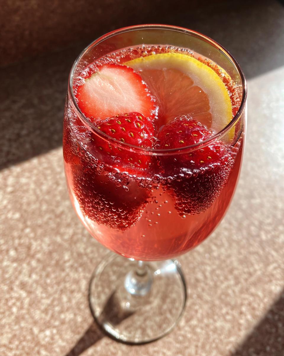 Close-up of a glass filled with bubbly strawberry lemonade punch, garnished with fresh strawberries and a lemon slice.