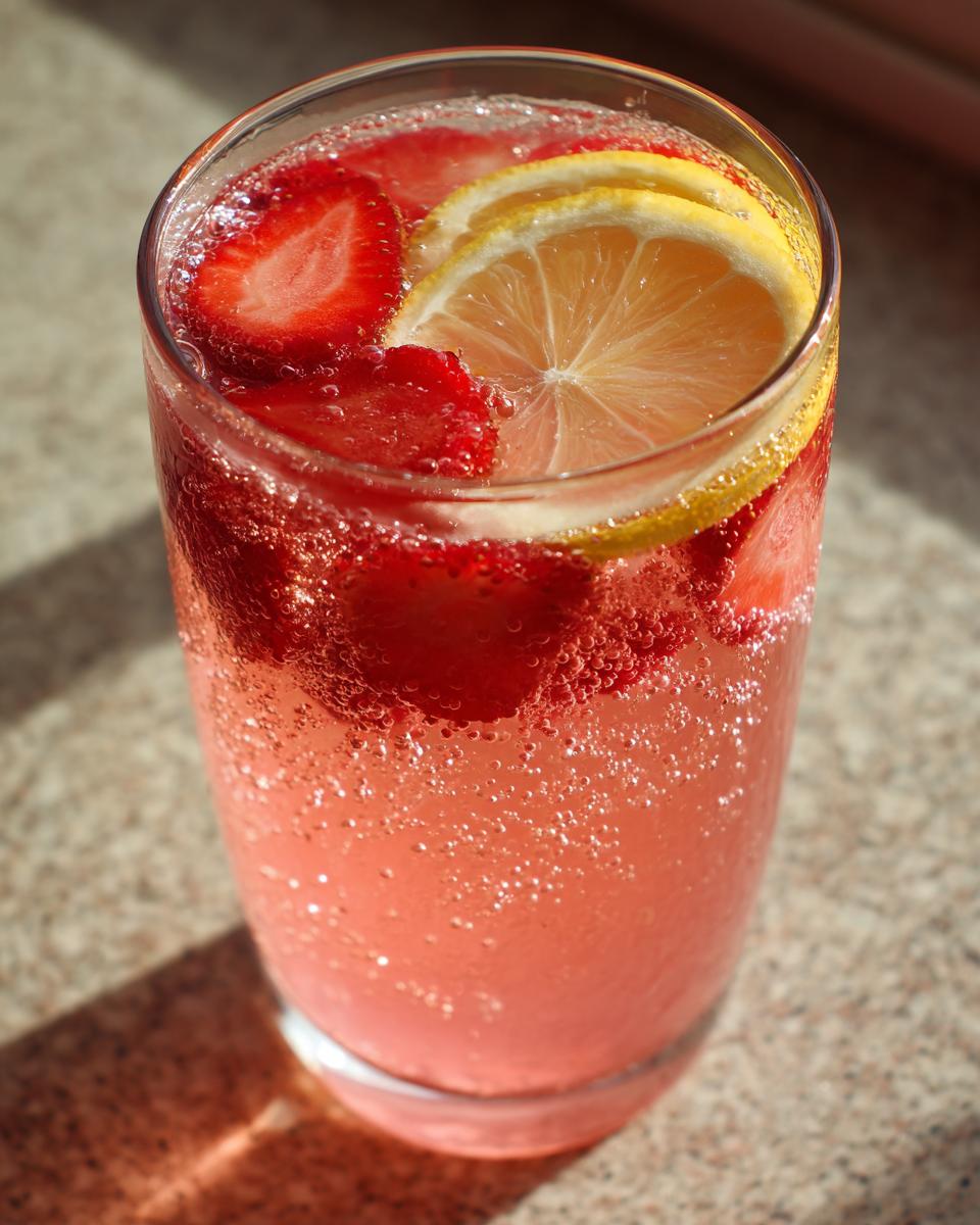 Close-up of a tall glass filled with fizzy, pink strawberry lemonade punch garnished with fresh strawberry slices and lemon wheels.