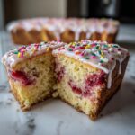 Close-up of a slice of strawberry poptart sheet cake cut in half, showing strawberry filling, white glaze, and colorful sprinkles.