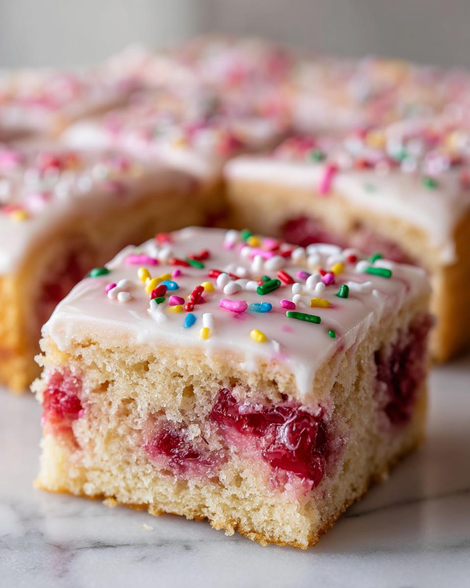Close-up of a square slice of strawberry poptart sheet cake featuring a moist cake layer, strawberry filling, white icing, and colorful sprinkles.