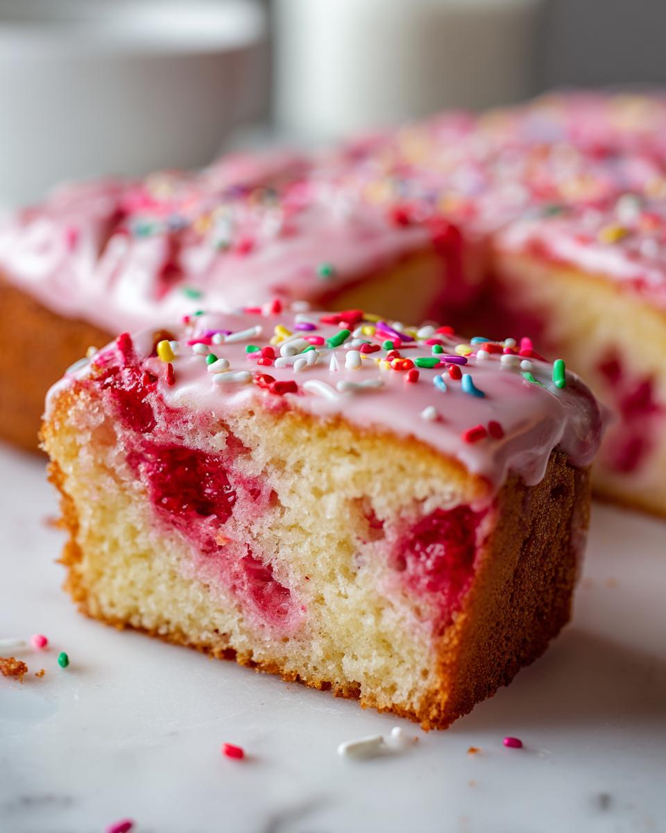 A close-up slice of moist strawberry poptart sheet cake showing embedded fruit and topped with pink glaze and colorful sprinkles.