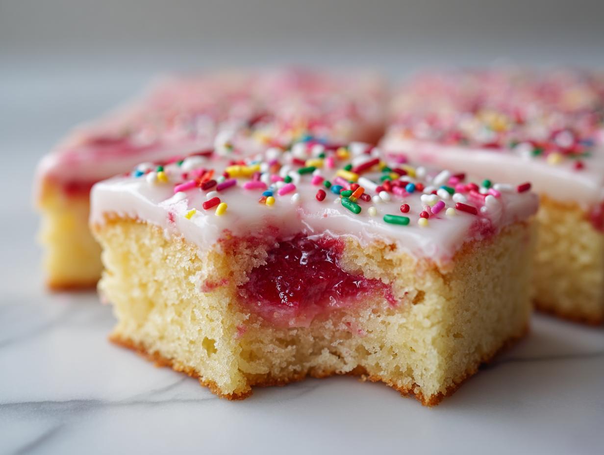 A close-up of a square slice of strawberry poptart sheet cake showing the cake texture, strawberry filling, and white glaze topped with colorful sprinkles.