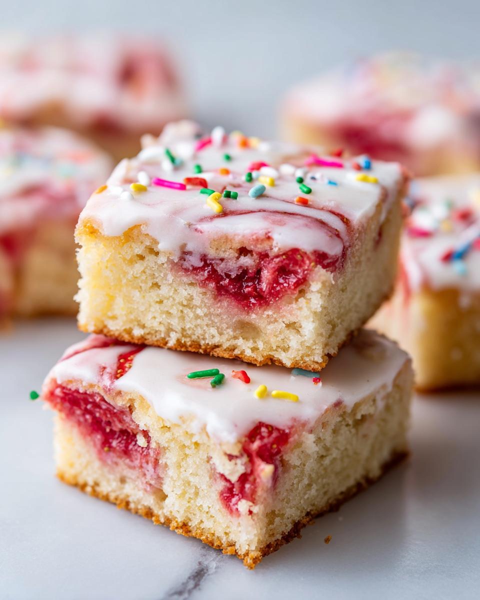 Two stacked squares of strawberry poptart sheet cake, topped with white glaze and colorful sprinkles.