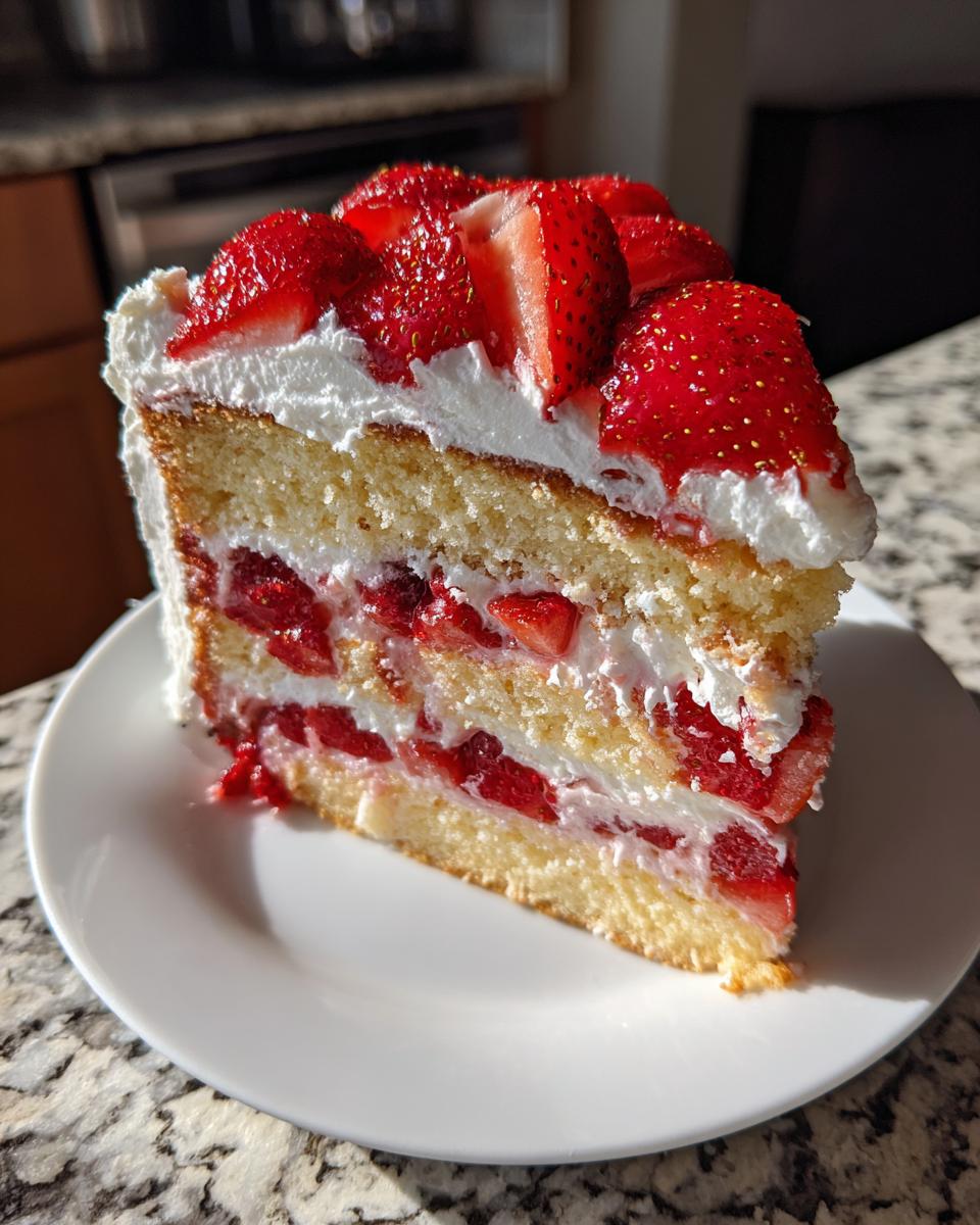 A tall, layered slice of strawberry shortcake cake featuring sponge cake, whipped cream, and fresh sliced strawberries.