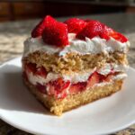 A moist slice of strawberry shortcake cake featuring layers of sponge cake, whipped cream, and fresh strawberries.
