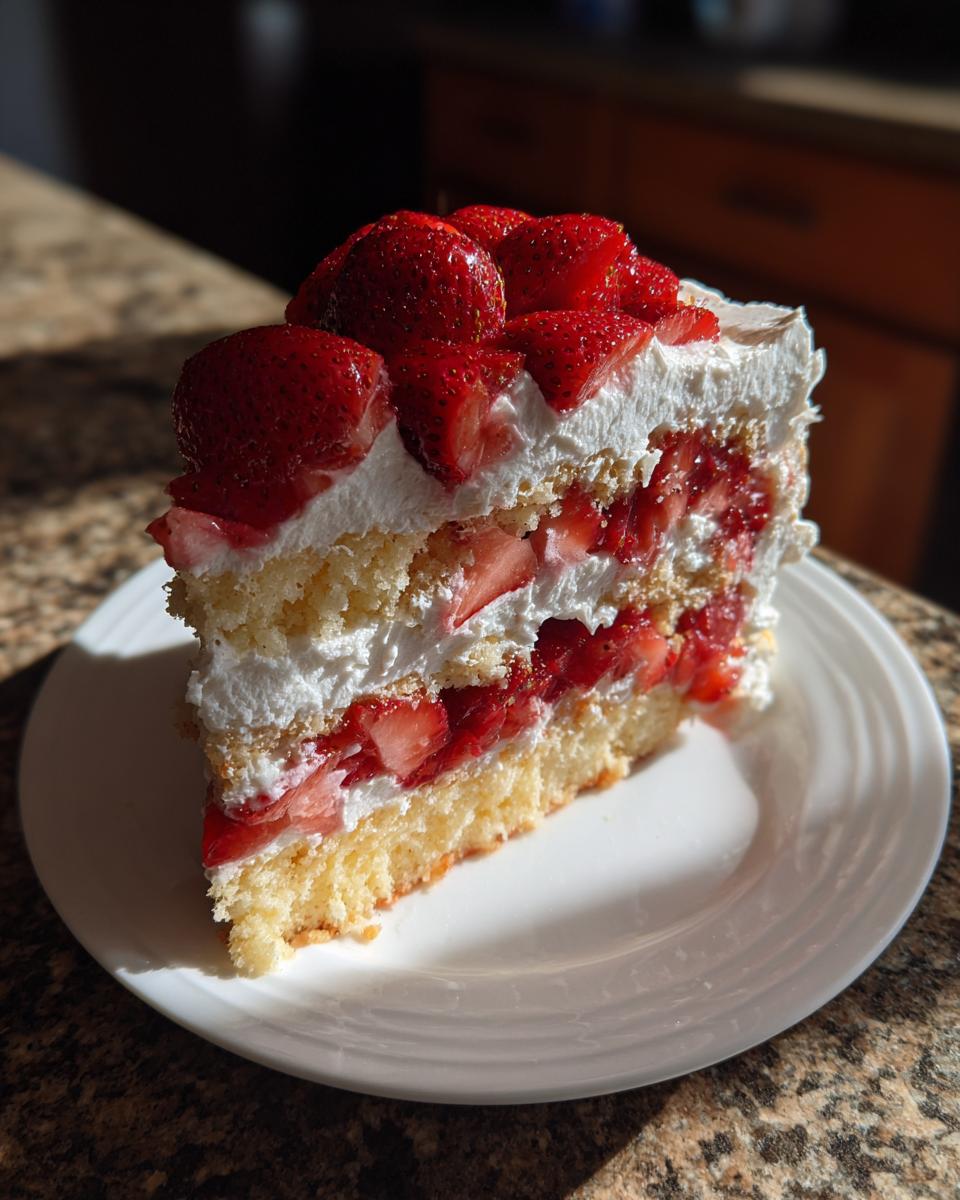 A tall slice of strawberry shortcake cake layered with sponge cake, whipped cream, and fresh strawberries, served on a white plate.