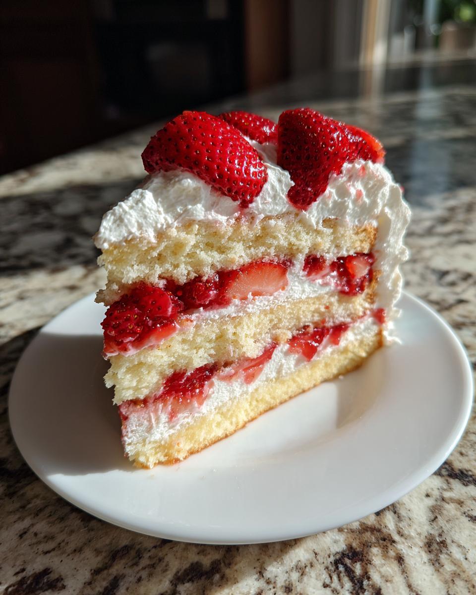 A tall slice of strawberry shortcake cake featuring layers of sponge cake, whipped cream, and fresh strawberries.