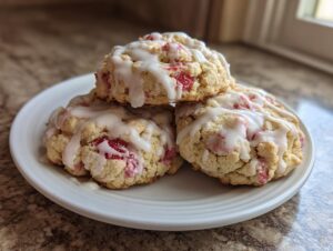 A stack of three freshly baked strawberry shortcake cookies drizzled with white icing on a white plate.