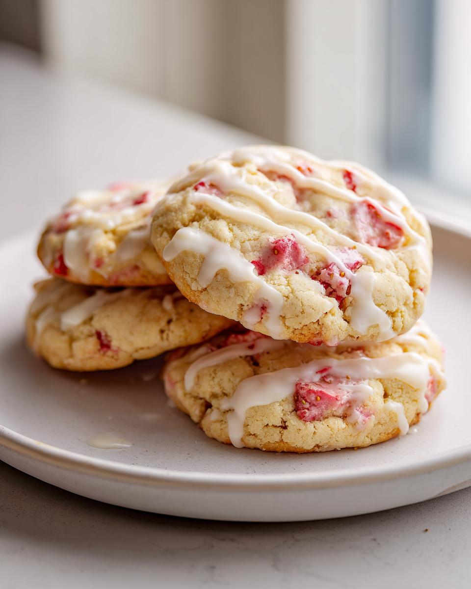 A stack of three delicious strawberry shortcake cookies topped with a white vanilla glaze.