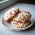 A stack of three soft strawberry shortcake cookies drizzled with white vanilla glaze.