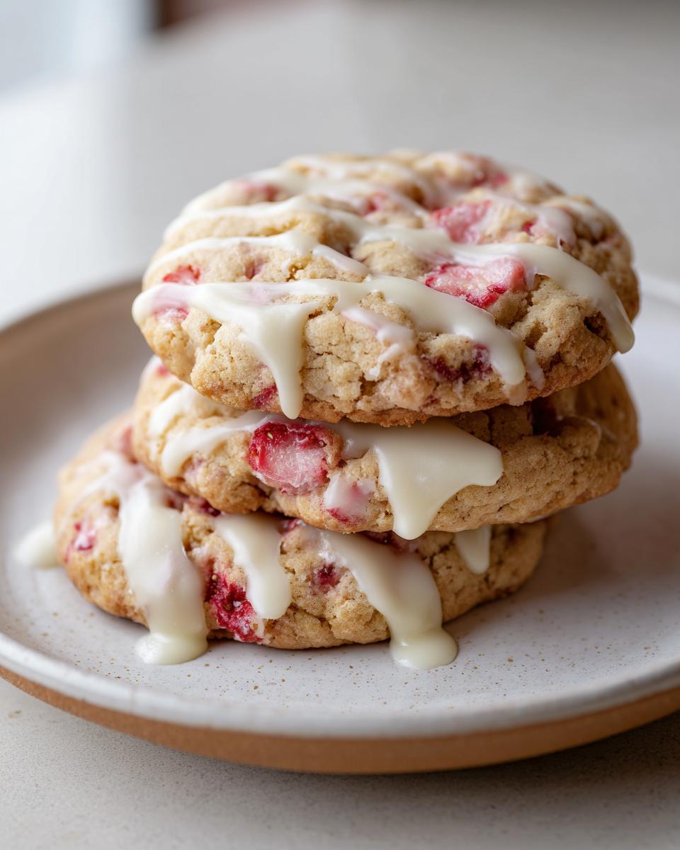 A stack of three delicious strawberry shortcake cookies drizzled with white vanilla glaze.