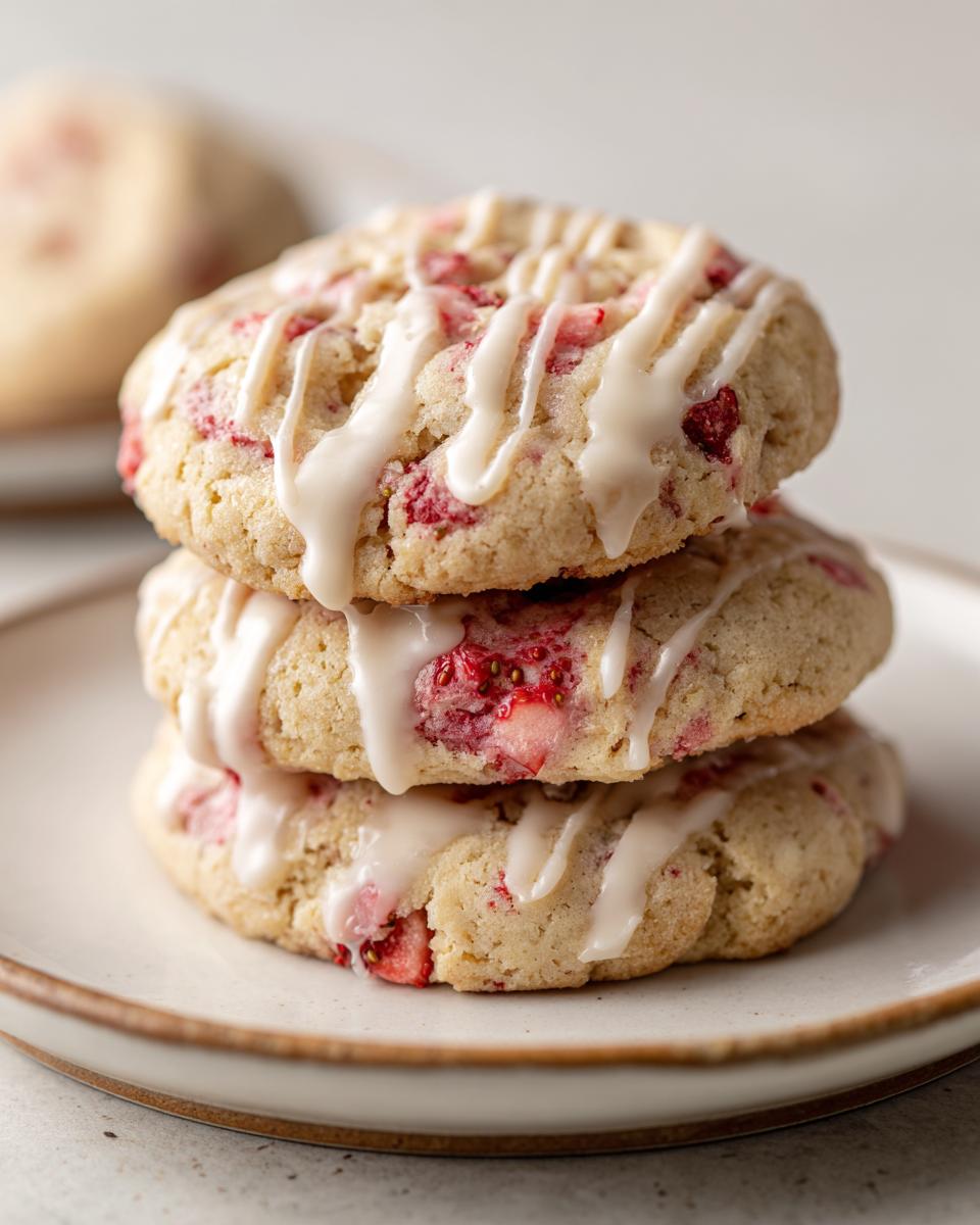 Three stacked strawberry shortcake cookies drizzled with white vanilla glaze on a light plate.